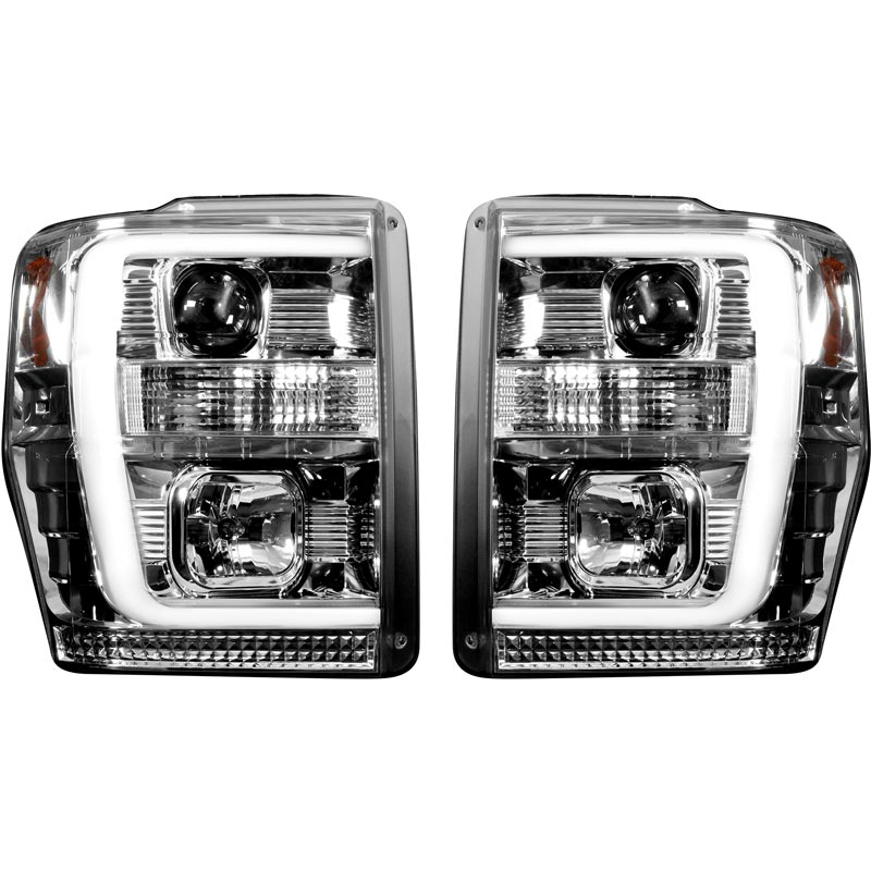 Recon Lighting Super Duty Projector Headlights w/ HP Smooth White OLED DRL and Scanning Switchback HP Amber LED Turn Signals - Smoked Black — 2011-2016 Ford F-250/F-350/F-450/F-550