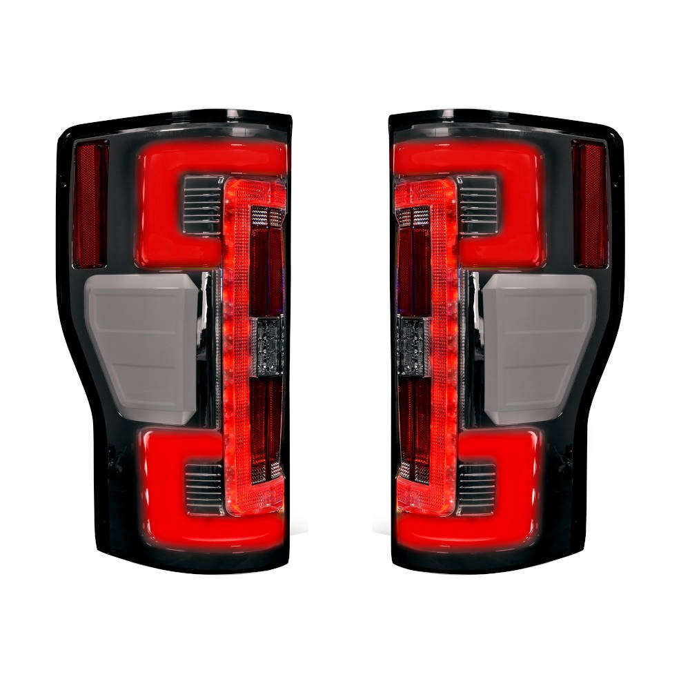 Recon Lighting Super Duty F-250/F-350/F-450/F-550 Replaces OEM Halogen Style Tail Lights Both with and Without Blis Blind Spot Warning System OLED Tail Lights - Smoked Lens — 2017-2019 Ford
